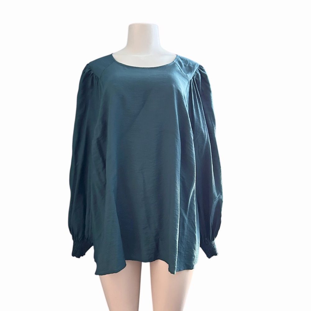 Ava & Viv Teal Long Sleeve Puckered  Blouse Plus Size 1X